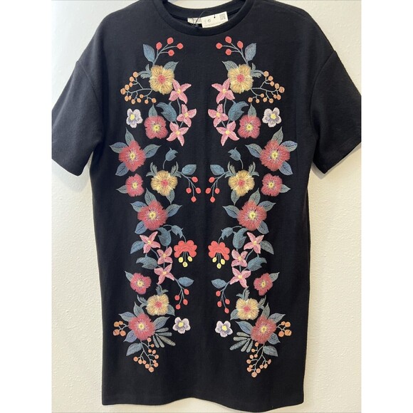 Zara Trafaluc‎ Dress S Womens Black Floral Mini Shift Short Sleeve Sweater NWT - Picture 5 of 13